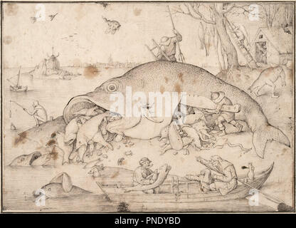 Die großen Fische fressen die kleinen Fische. Datum/Zeitraum: 1556. Pinsel und Stift und in Grau und Schwarz, Transferstraßen. Tinte. Autor: Pieter Brueghel der Ältere. (Bruegel Brueghel), Pieter, der Ältere. Stockfoto