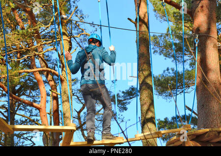 Junger Mann auf der hohen Baumkronen Hochseilgarten in Glenshee, Schottland. Stockfoto