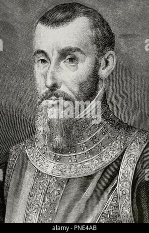 Pedro de la Gasca o Pedro de Lagasca (Navarregadilla, 1485-Toledo, 1567). Sacerdote, funcionario, diplomático y militar Español. Asignado de 1546 Presidente de la Real Audiencia de Lima con La Misión De acabar con la rebelión de Gonzalo Pizarro en el Virreinato del Perú. De ahí El apelativo Pacificador de'El'. Grabado. Las Mejores. La Ilustración Española y Americana. 22 de Agosto de 1876. Biblioteca Histórico Militar de Barcelona. Catalunya, España. Stockfoto