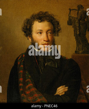 Portrait von A.S. Puschkin. Datum/Zeit: 1827. Malerei. Öl auf Leinwand. Höhe: 63 cm (24.8 in); Breite: 54 cm (21.2 in). Autor: OREST KIPRENSKY. OREST KIPRENSKI ADAMOWITSCH. Kiprensky, Orest Adamovich. Stockfoto