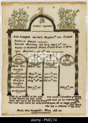 Familie Registrierung Sampler. Datum/Zeitraum: 1823. Familie Registrierung Sampler. Medium: Seide und Metallfäden Stickerei auf Baumwolle Stiftung. Technik: bestickte in Kreuz, Stamm, und satin Stiche in Leinwandbindung Stiftung. Höhe: 565 mm (22.24 in); Breite: 420 mm (16.53 in). Autor: Sarah Ann Campbell. Stockfoto