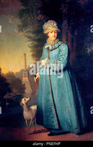 Katharina II. bei einem Spaziergang im Park, mit der Tsarskosyelsky Chesmensky Spalte in den Hintergrund. Vladimir Borovikovsky, 1794 Stockfoto