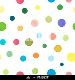Satz von verschiedenen bunte Punkte, Aquarell gemalt und isoliert auf weißem Hintergrund, nahtlose Muster Stockfoto