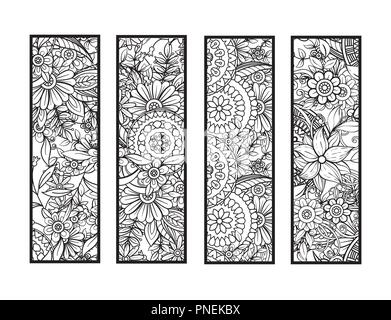 Satz von vier Lesezeichen in Schwarz und Weiß. Doodles Blumen und Ornamente für Erwachsene Malbuch. Vector Illustration. Stock Vektor