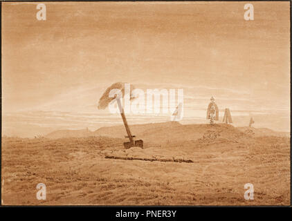 Landschaft mit Gräbern/Landschaft mit Gräbern. Datum/Zeit: Ca. 1835-1837. Zeichnung. Pinsel und Bister, waschen über Bleistift, schwarz Framing. Höhe: 23,8 cm (9,3 Zoll); Breite: 28,6 cm (11,2 in). Thema: Caspar David Friedrich. FRIEDRICH, Caspar David. Stockfoto