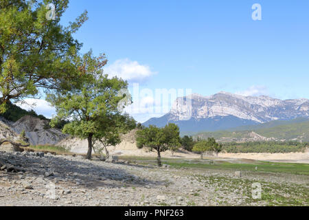 Eine grüne Landschaft der Mediano künstlichen See in den spanischen Pyrenäen wie aus dem Inneren der See aus gesehen, mit grünen frisches Gras, Spanien Stockfoto