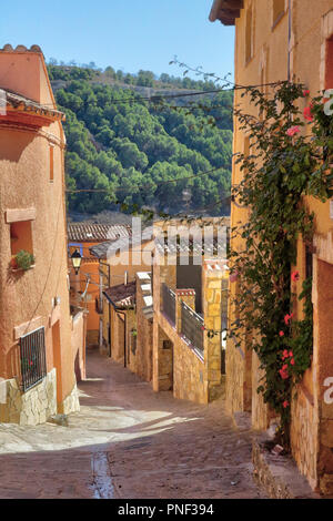 Eine schräge Straße in der typisch spanischen Stadt Anento, mit einigen Häusern aus Stein und eine Kletterrose Anlage Stockfoto