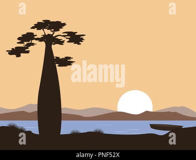 Sonnenuntergang und Sonnenaufgang in Afrika. Baobab Silhouette vor dem See. Vektor Landschaft. Abbildung in Broschüren, Postkarten verwendet werden können, Banner. Stock Vektor