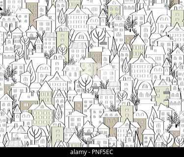 Muster mit Hand gezeichnet doodle Häuser. Abbildung mit niedlichen Stadt Dächer und Bäume. Strichzeichnung. Nahtlose Hintergrund in Schwarz und Weiß. Vektor Stock Vektor