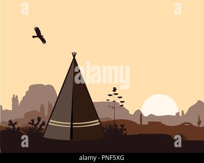 Indische wigwam Silhouette mit Kakteen, Berge, und der Adler in den Himmel. Amerikanische Landschaft mit Tribal tipi. Vektor Landschaft Stock Vektor