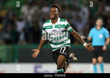 Lissabon, Portugal. 20 Sep, 2018. Jovane Cabral von Sporting CP feiert sein Ziel während der UEFA Europa League 2018/19 Fußballspiel zwischen Sporting CP vs Karaba FC. Quelle: David Martins/SOPA Images/ZUMA Draht/Alamy leben Nachrichten Stockfoto