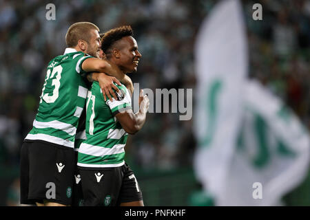 Lissabon, Portugal. 20 Sep, 2018. Jovane Cabral von Sporting CP feiert sein Ziel während der UEFA Europa League 2018/19 Fußballspiel zwischen Sporting CP vs Karaba FC. Quelle: David Martins/SOPA Images/ZUMA Draht/Alamy leben Nachrichten Stockfoto