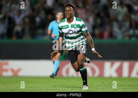 Lissabon, Portugal. 20 Sep, 2018. Jovane Cabral von Sporting CP feiert sein Ziel während der UEFA Europa League 2018/19 Fußballspiel zwischen Sporting CP vs Karaba FC. Quelle: David Martins/SOPA Images/ZUMA Draht/Alamy leben Nachrichten Stockfoto