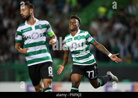 Lissabon, Portugal. 20 Sep, 2018. Jovane Cabral von Sporting CP feiert sein Ziel während der UEFA Europa League 2018/19 Fußballspiel zwischen Sporting CP vs Karaba FC. Quelle: David Martins/SOPA Images/ZUMA Draht/Alamy leben Nachrichten Stockfoto