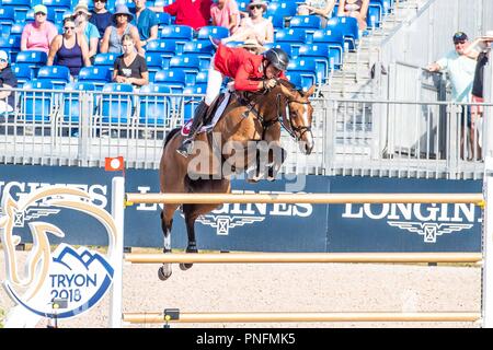 Tryon North Carolina, USA. Sept 2018 20. Steve Guerdat. Bianca. SUI. Springreiten. Mannschaft und einzelnen Zweiten Meisterschaften. Runde 1. Tag 9. World Equestrian Games. WEG 2018 Tryon. North Carolina. USA. 20/09/2018. Credit: Sport in Bildern/Alamy leben Nachrichten Stockfoto