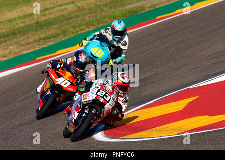 Alcaniz, Spanien. 21. September 2018. Niccolo Antonelli (23) von Italien und Sic 58 Squadra Corse Honda, Darryn Binder (40) der Republik Südafrika und Red Bull KTM Ajo KTM und Lorenzo Dalla Porta (48) von Italien und Leopard Racing Honda im freien Training für den Gran Premio Movistar de Aragon der Weltmeisterschaft der MotoGP im Motorland Aragon Circuit am 21. September 2018 in Alcaniz, Spanien. Credit: CORDON PRESSE/Alamy leben Nachrichten Stockfoto