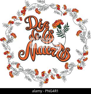 Rot und Orange ringelblume Kranz und Dia de muertos Handzeichnung Schriftzug Stock Vektor