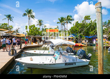 ISLAMORADA, USA - ca. September 2018: Touristen füttern Tarpon Fischen vom Boot Dock vor Robbie's in den Florida Keys Stockfoto