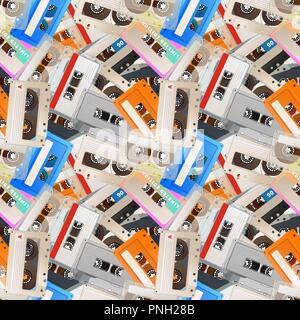 Viele bunte detaillierte Tonbandkassetten, Vintage Tape retro nahtlose Muster Stock Vektor
