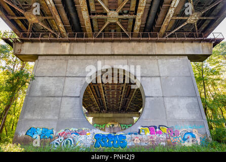 Kiew, Ukraine - Oktober 1, 2015 - Unter der Brücke Moscovsky in Kiew, Ukraine. Die Metallstruktur ist vom Rost angegriffen. Grafitti sind auf Th lackiert Stockfoto