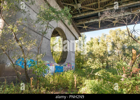 Kiew, Ukraine - Oktober 1, 2015 - Unter der Brücke Moscovsky in Kiew, Ukraine. Die Metallstruktur ist vom Rost angegriffen. Grafitti sind auf Th lackiert Stockfoto