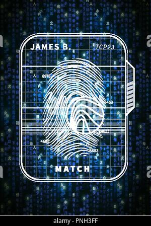 Fingerprint futuristisches Konzept auf Blue Matrix Symbole Scannen Stock Vektor