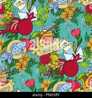 Rosch Haschanah das Jüdische Neue Jahr nahtlose Muster mit Äpfel, Granatäpfel, Honig und Grußkarten. Bunter Hintergrund. Vector Illustration. Hebräischen Text "Frohes Neues Jahr". Stock Vektor
