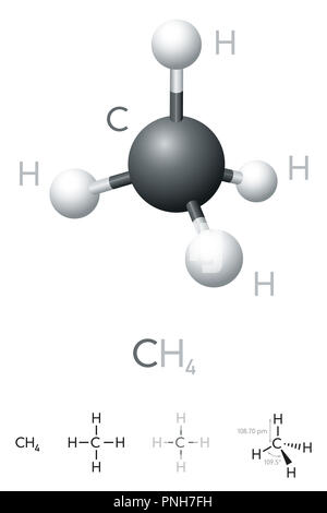 Methan, CH4, molekülmodell und chemische Formel. Chemische Verbindung. Marsh Gas. Erdgas. Kugel-und-stick Modell, geometrische Struktur und Formel. Stockfoto