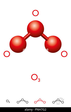 Ozon, O3, trioxygen, molekülmodell und chemische Formel. Anorganische hellblau Gas mit stechendem Geruch. Kugel-und-stick Modell, Struktur und Formel. Stockfoto