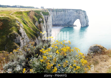 La Manneporte ab Porte d'Ával gesehen, Etretat, Normandie Frankreich Stockfoto