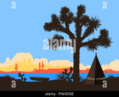 Das Boot auf dem Fluss Ufer in der Nähe der indianischen Wigwam und Joshua Tree. Vector Illustration, Berge Silhouette Hintergrund Stock Vektor