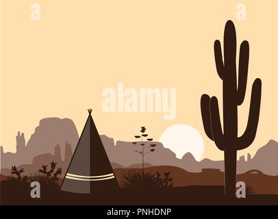 Indische wigwam Silhouette mit Feigenkaktus, Berge, und Saguaro. Amerikanische sonrise Landschaft mit Tribal tipi. Vektor Landschaft Stock Vektor