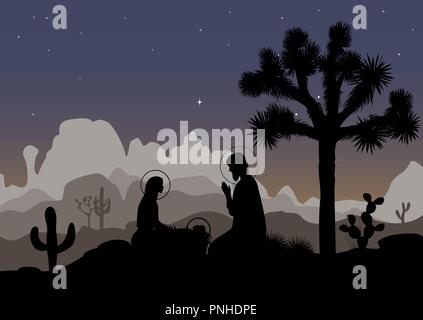 Ungewöhnliche Krippe mit mexikanischen Nacht Landschaft. Hl. Familie, Joshua Tree, Kaktus, und die Berge Silhouetten. Vector Illustration, Mary, Jesus, ein Stock Vektor
