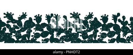 Horizontale Vektor nahtlose Muster mit Grange Feigenkakteen Blätter und Früchte. Einfache dunkle und weiße Palette. Opuntia Grenze Stock Vektor