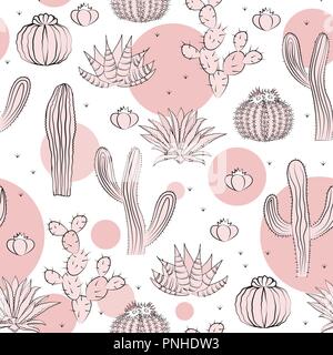 Nahtlose Muster mit Kakteen. Wild cactus Wald mit Doodle kreisen. Stilvolle Rosa, schwarze und weiße Palette. Vector Illustration Stock Vektor