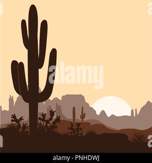 Morgen Landschaft mit Saguaro Kakteen, Agaven und Feigenkakteen, in den Bergen. Vector Illustration. Cute braun Palette, Platz für Text Stock Vektor