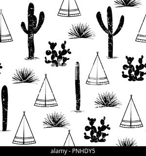 Hintergrund der Indianerstämme. Einfache flache Wigwam, Kaktus, und Gras. Nahtlose Muster Landschaft. Minimalistisches Design. Cartoon Illustration, Vector, schwarz ein Stock Vektor