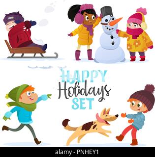 Multirassischen Set Kinder spielen im Winter. Mädchen und Jungen, Schneemann, spielende Kinder in Schneebälle, Rodeln, spielen mit Hund. Spaß im Freien auf Weihnachten Urlaub oder Ferien. Vector Illustration Stock Vektor