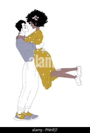 Porträt des jungen Paares auf romantische Treffen. Dating Mann und eine Frau umarmen und express Sorgfalt und Liebe. Auf weissem Hintergrund. Farbige mode Hand gezeichnete Illustration für Poster, Banner, Magazin Stock Vektor