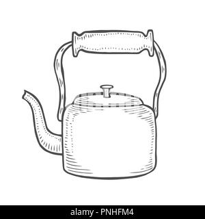 Vintage metallische Wasserkocher auf weißen in einem grafischen Stil isoliert. Zeichnung von Hand. Tea Time. Vector Illustration stilisierte Gravur. Stock Vektor