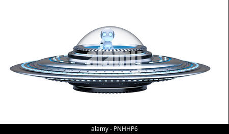 3D-rendering Metall Ufo oder außerirdisches Raumschiff mit Roboter isoliert auf weißem Stockfoto