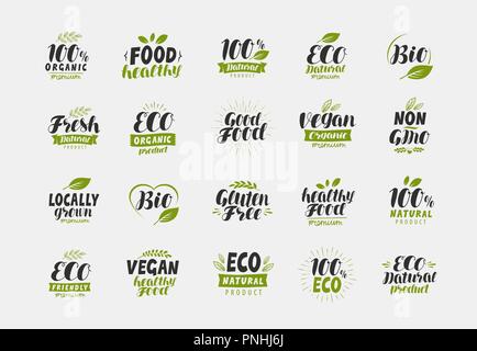 Satz von eco Essen freundlich und organische Etiketten. Vegan, Ökologie Symbole. Vektor Stock Vektor