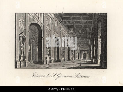 Blick in das Innere des Archbasilica St. Johannes im Lateran, S. Giovanni Laterano, Rom. Kupferstich von Pietro Datri's Neue Sammlung der wichtigsten Aussicht auf Rom Antike und Moderne mit den Ruinen des Krieges, Rom, 1849. Stockfoto