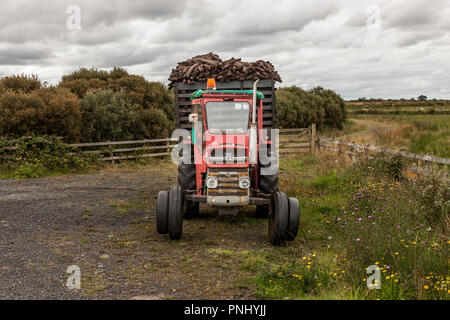 Easkey, Sligo, Irland. August 13, 2009. Ein Traktor und Anhänger mit einer Belastung von Rasen, an der Seite der Straße in der Nähe von Easkey, Co Sligo Irland geparkt Stockfoto