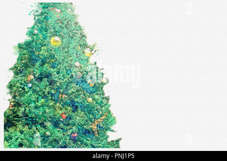 Aquarell Skizze oder Abbildung: ein Weihnachtsbaum mit verschiedenen Kugeln und Girlanden dekoriert. In der Nähe Platz für Text. Stockfoto