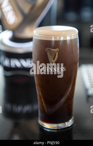 Dublin, Irland - 13. August 2018: ein frisch gezapftes, kühles Pint Guinness in einer Bar in der Stadt Dublin, Irland. Stockfoto