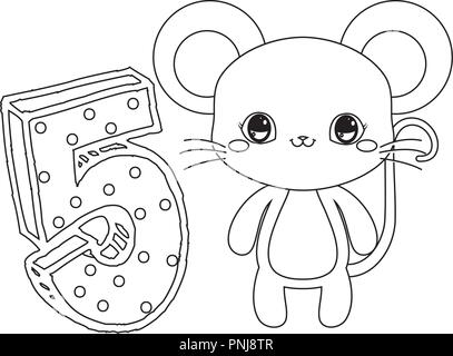 Süße Maus mit Dekoration Nummer fünf Vektor-illustration dünne Linie Stock Vektor