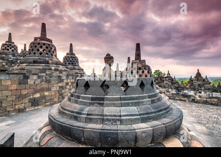 Buddha Statue, Candi Borobudur buddhistischen Tempel, Muntilan, Java, Indonesien Stockfoto