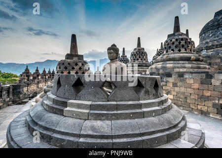 Buddha Statue, Candi Borobudur buddhistischen Tempel, Muntilan, Java, Indonesien Stockfoto