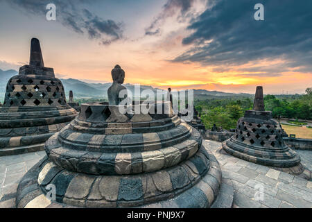 Buddha Statue, Candi Borobudur buddhistischen Tempel, Muntilan, Java, Indonesien Stockfoto